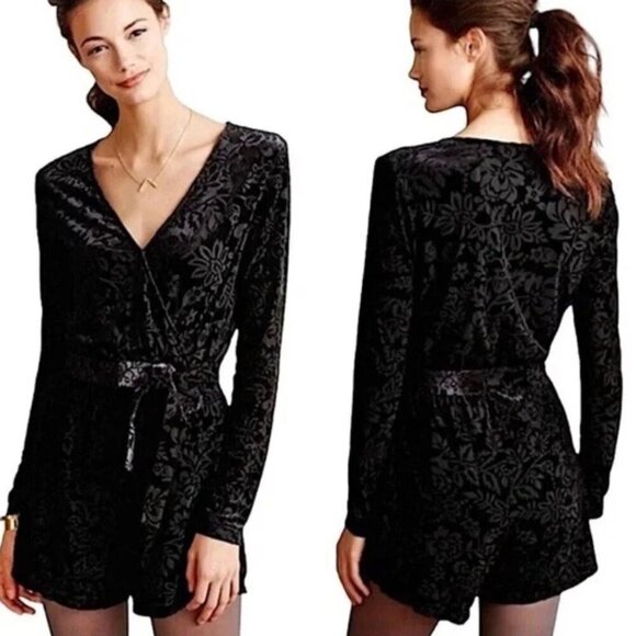 Saylor x Anthropologie Rebecca Velvet Floral Burnout V-neck Romper  37210 - Picture 1 of 10